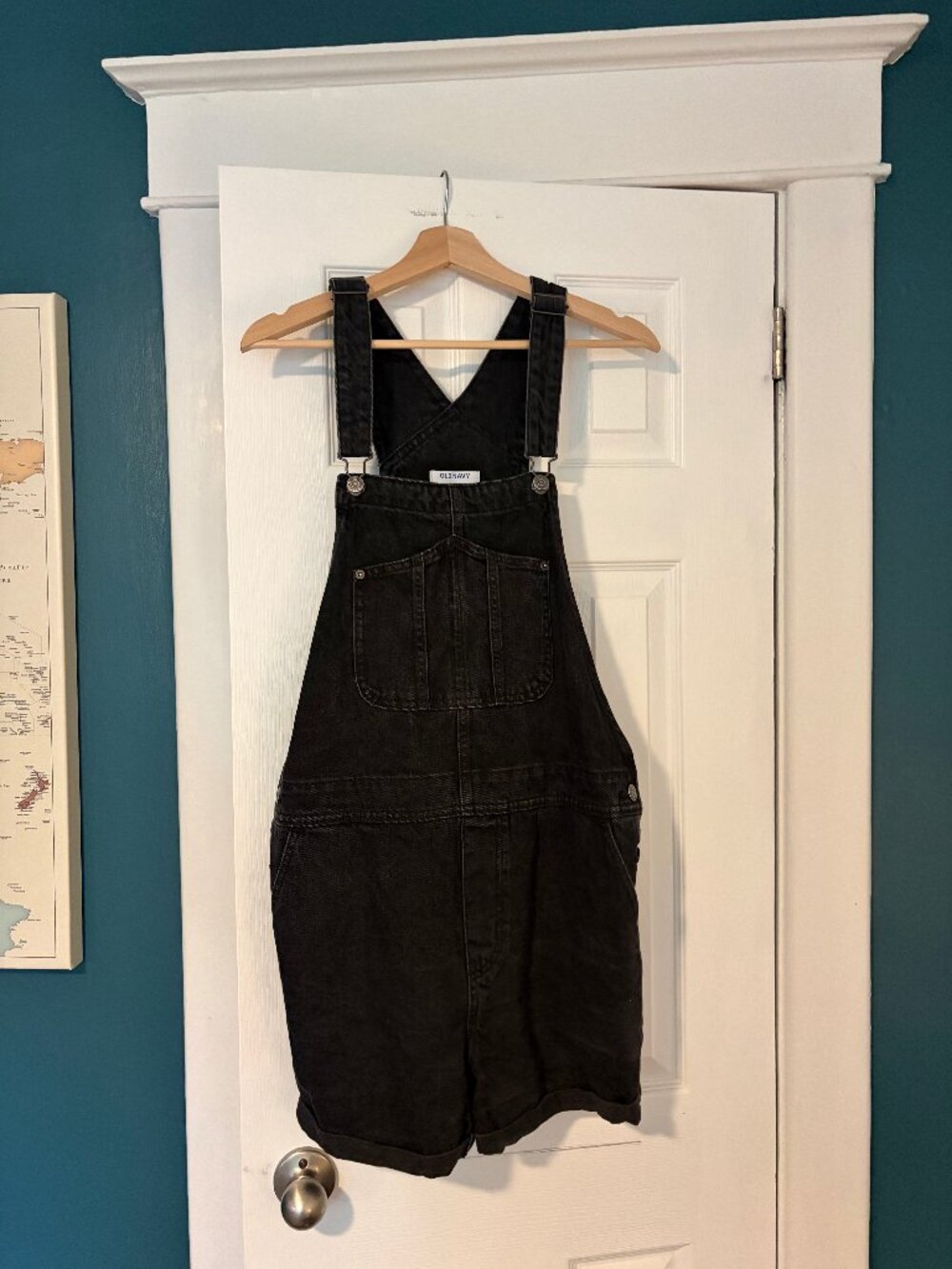 Old Navy Black Washed Denim Shortalls Overall Shorts Cuffed Crossback Size L